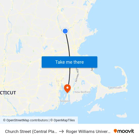 Church Street (Central Plaza) to Roger Williams University map