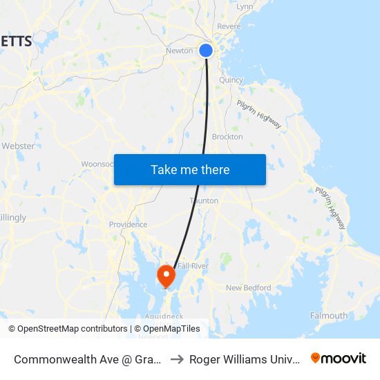 Commonwealth Ave @ Granby St to Roger Williams University map