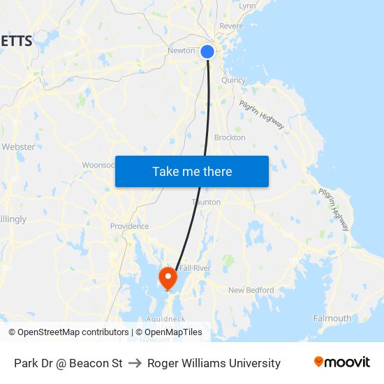 Park Dr @ Beacon St to Roger Williams University map