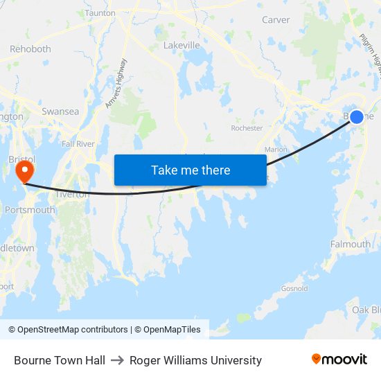 Bourne Town Hall to Roger Williams University map