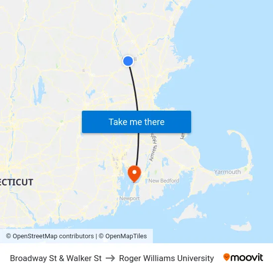Broadway St & Walker St to Roger Williams University map