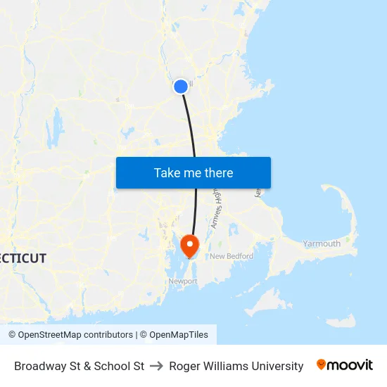 Broadway St & School St to Roger Williams University map