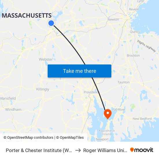 Porter & Chester Institute (Worcester) to Roger Williams University map