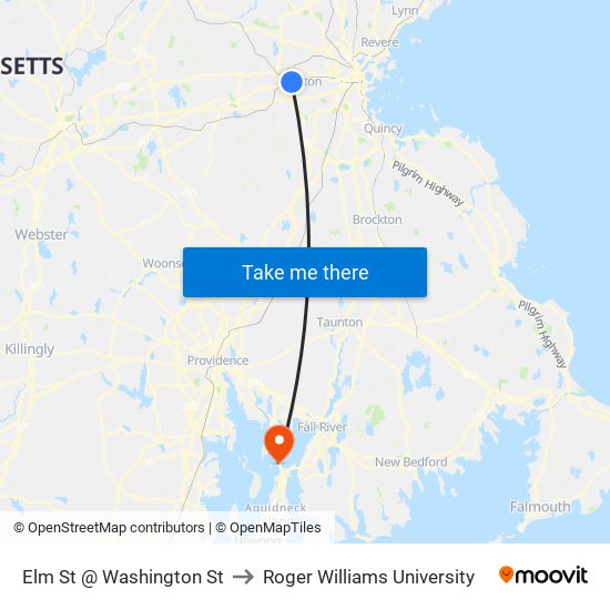 Elm St @ Washington St to Roger Williams University map