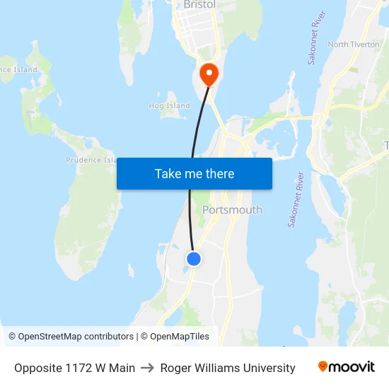 Opposite 1172 W Main to Roger Williams University map