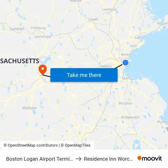 Boston Logan Airport Terminal C to Residence Inn Worcester map