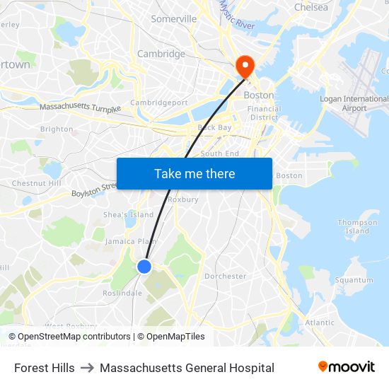 Forest Hills to Massachusetts General Hospital map