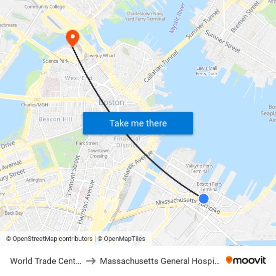 World Trade Center to Massachusetts General Hospital map