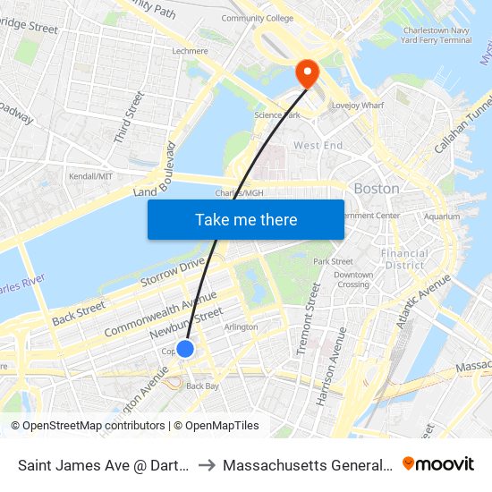 Saint James Ave @ Dartmouth St to Massachusetts General Hospital map
