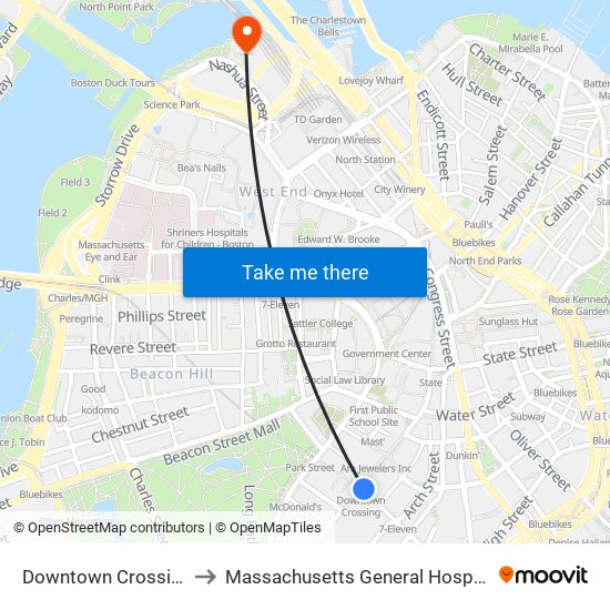 Downtown Crossing to Massachusetts General Hospital map