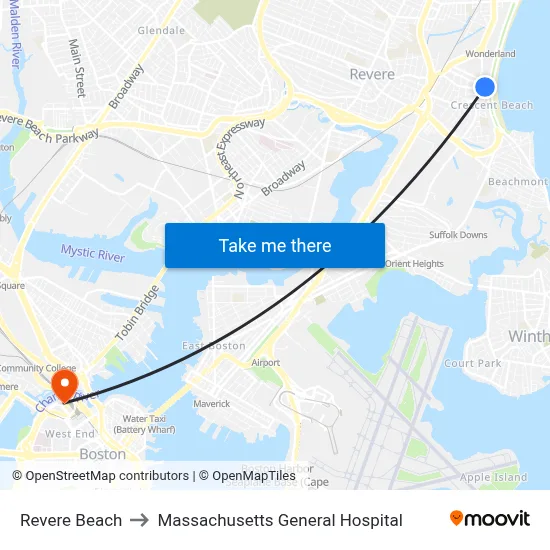 Revere Beach to Massachusetts General Hospital map