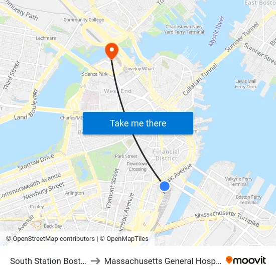 South Station Boston to Massachusetts General Hospital map