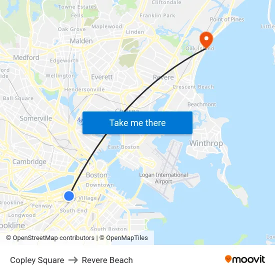 Copley Square to Revere Beach map