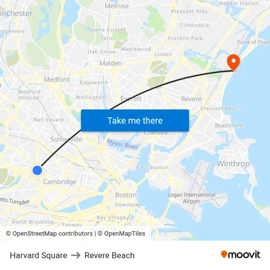 Harvard Square to Revere Beach map