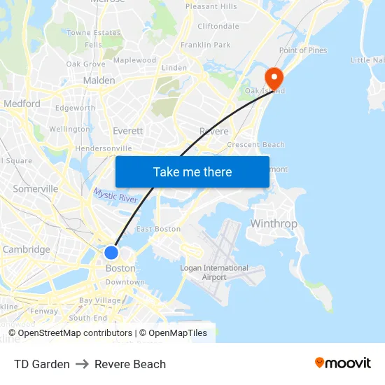 TD Garden to Revere Beach map