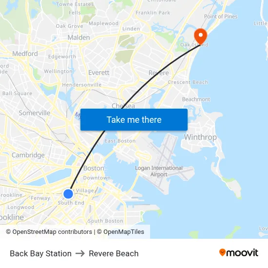 Back Bay Station to Revere Beach map