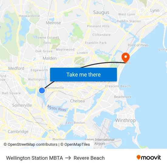 Wellington Station MBTA to Revere Beach map