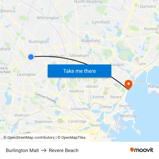 Burlington Mall to Revere Beach map