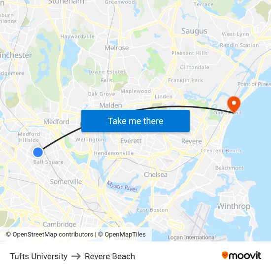 Tufts University to Revere Beach map