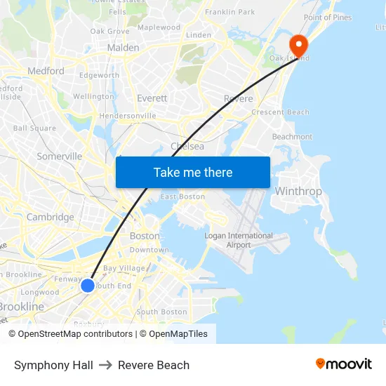 Symphony Hall to Revere Beach map