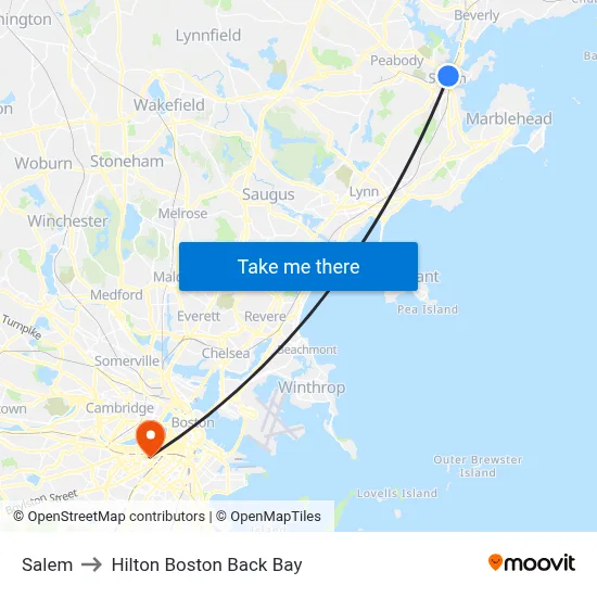 Salem to Hilton Boston Back Bay map