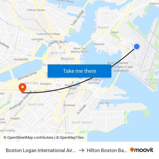Boston Logan International Airport (Bos) to Hilton Boston Back Bay map