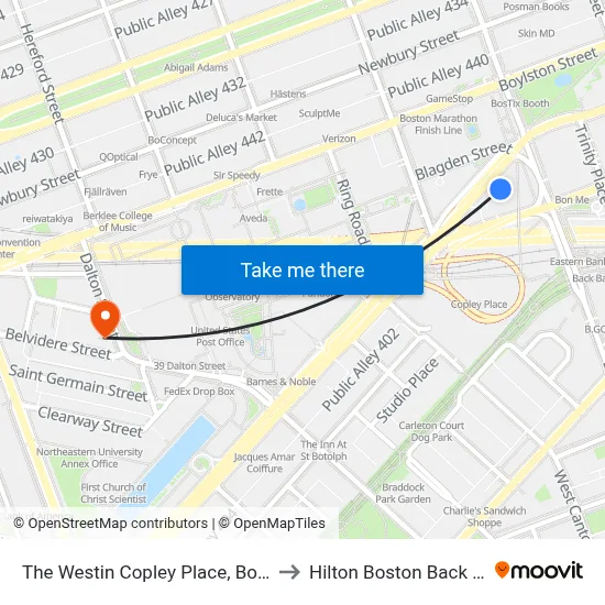 The Westin Copley Place, Boston to Hilton Boston Back Bay map
