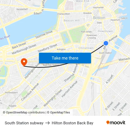 South Station subway to Hilton Boston Back Bay map