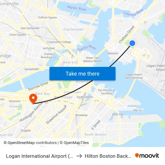 Logan International Airport (BOS) to Hilton Boston Back Bay map