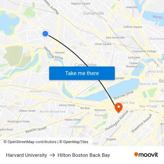 Harvard University to Hilton Boston Back Bay map