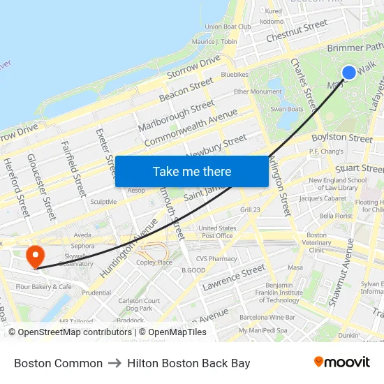 Boston Common to Hilton Boston Back Bay map