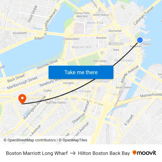 Boston Marriott Long Wharf to Hilton Boston Back Bay map