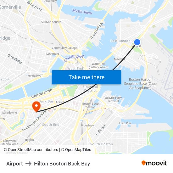 Airport to Hilton Boston Back Bay map