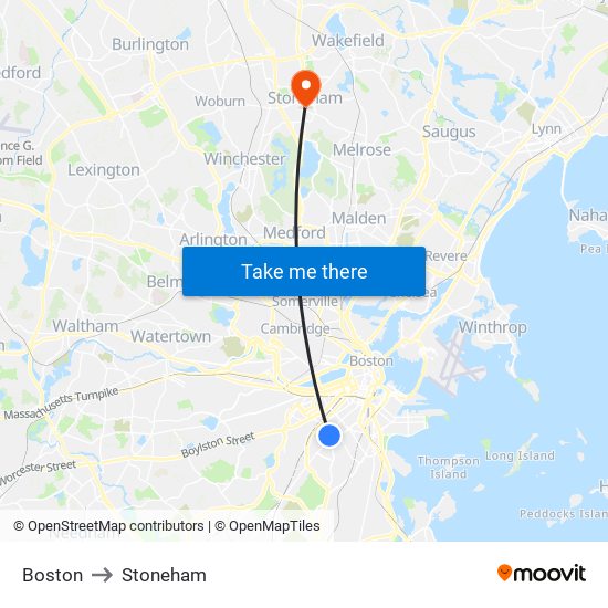 Boston to Stoneham map