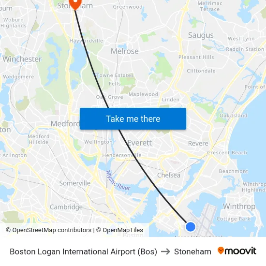 Boston Logan International Airport (Bos) to Stoneham map