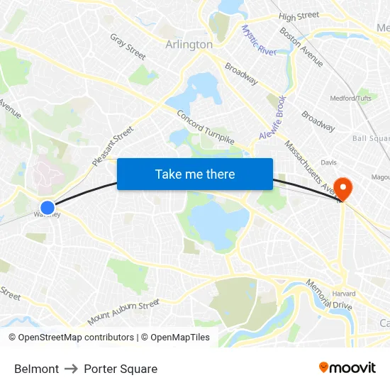 Belmont to Porter Square map