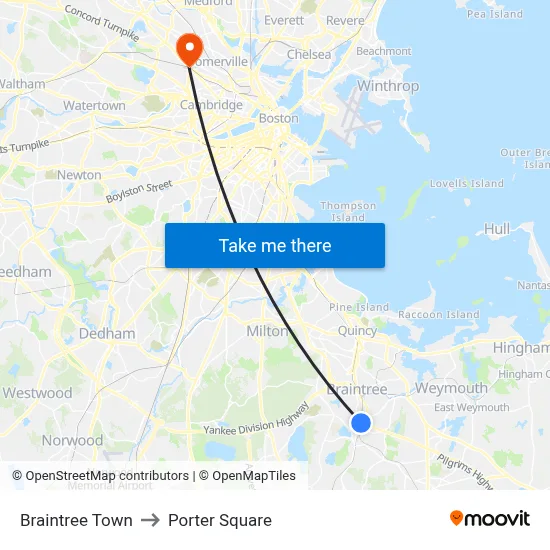 Braintree Town to Porter Square map