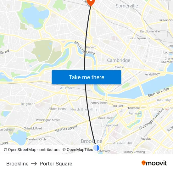 Brookline to Porter Square map