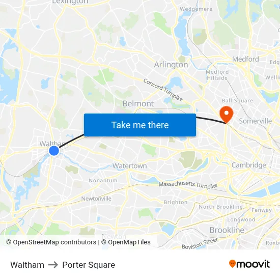 Waltham to Porter Square map