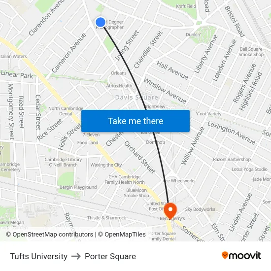 Tufts University to Porter Square map