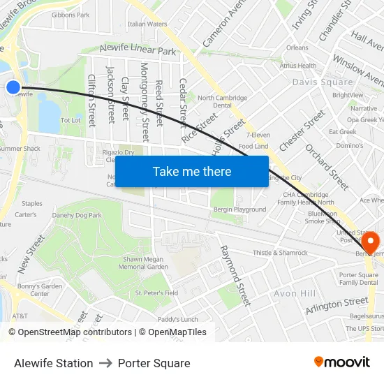 Alewife Station to Porter Square map