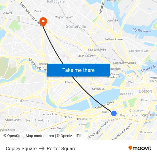 Copley Square to Porter Square map