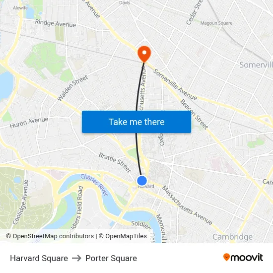 Harvard Square to Porter Square map