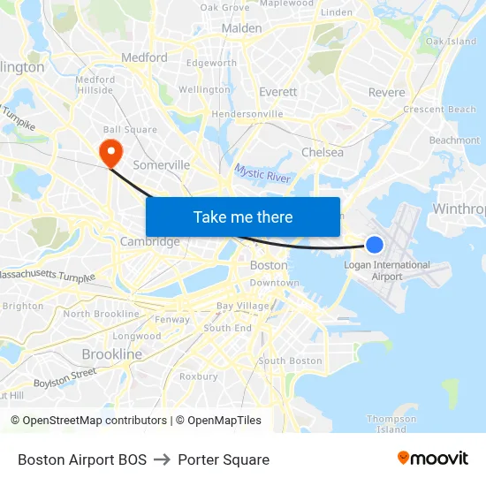 Boston Airport BOS to Porter Square map