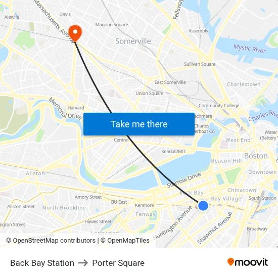 Back Bay Station to Porter Square map