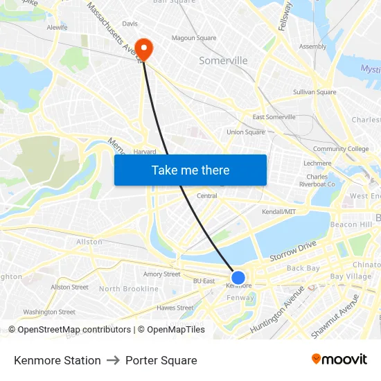 Kenmore Station to Porter Square map