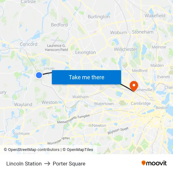 Lincoln Station to Porter Square map
