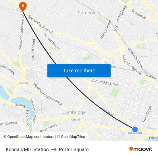 Kendall/MIT Station to Porter Square map