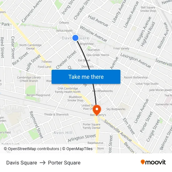 Davis Square to Porter Square map