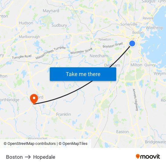 Boston to Hopedale map